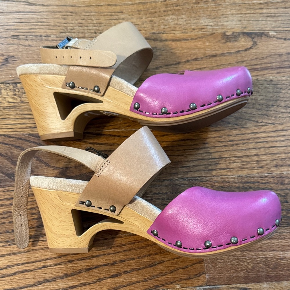 Dansko Pink and Tan Leather Clogs - Picture 3 of 4